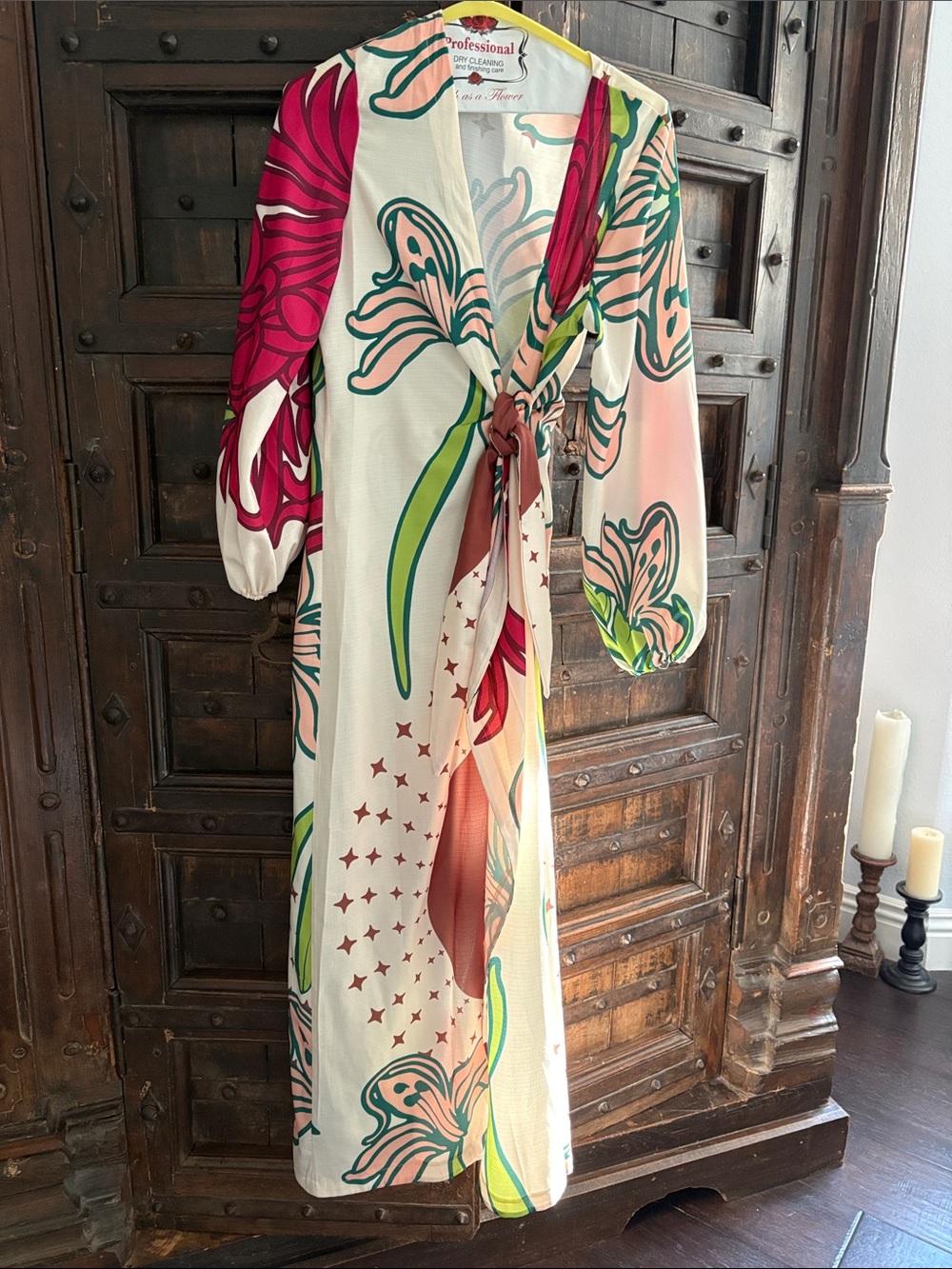 Floral Tie-Waist Maxi Dress in Ivory with Pink & Green
